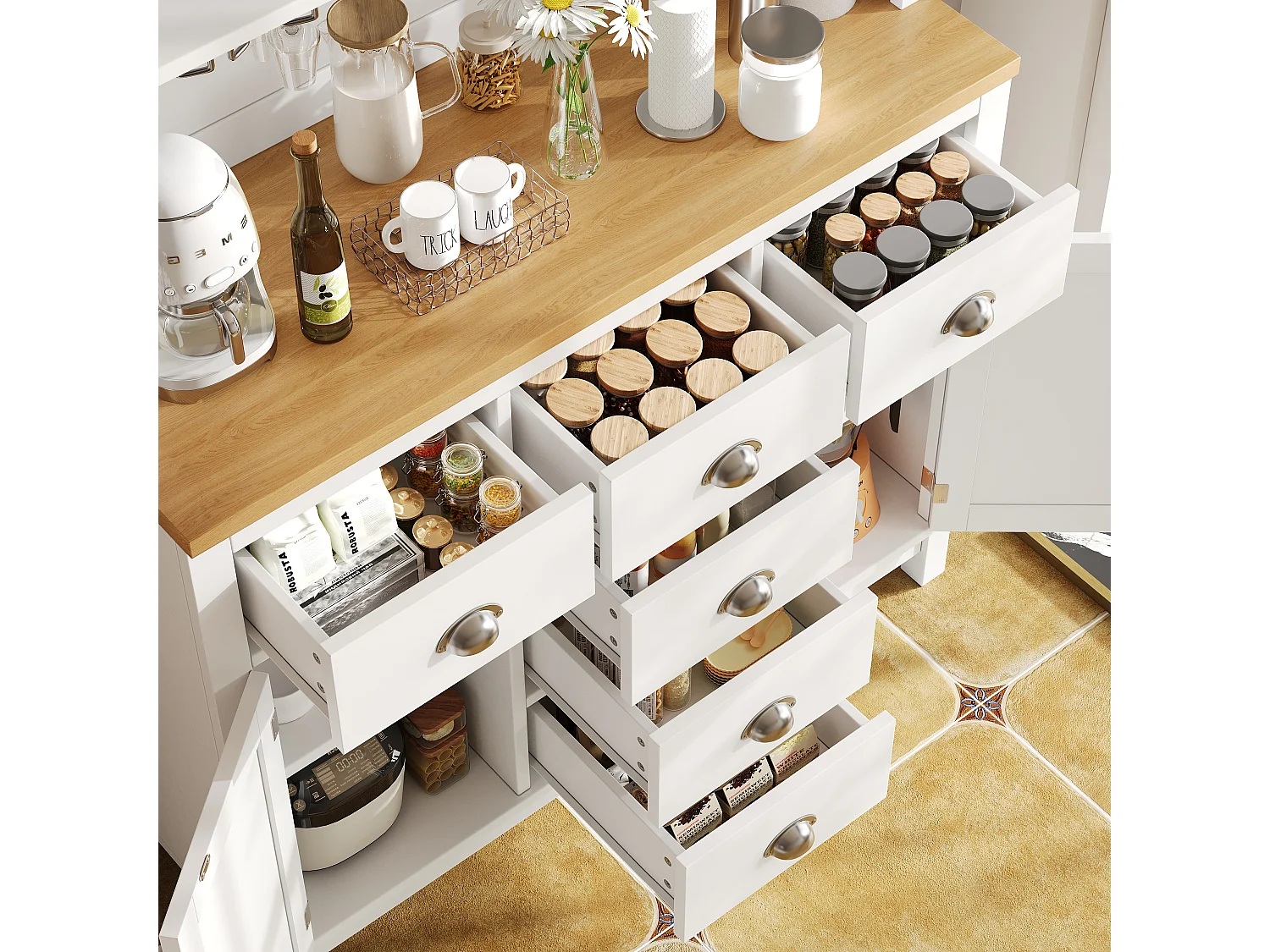 Kredens kuchenny w stylu rustykalnym - 104 x 40 x 180 cm - z drzwiami, diodami LED, półkami i szufladami - płyta MDF - biały