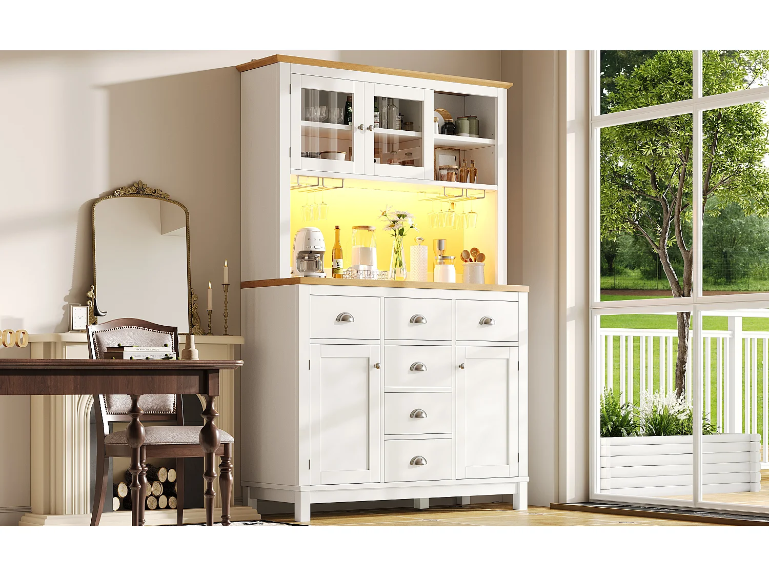 Kredens kuchenny w stylu rustykalnym - 104 x 40 x 180 cm - z drzwiami, diodami LED, półkami i szufladami - płyta MDF - biały