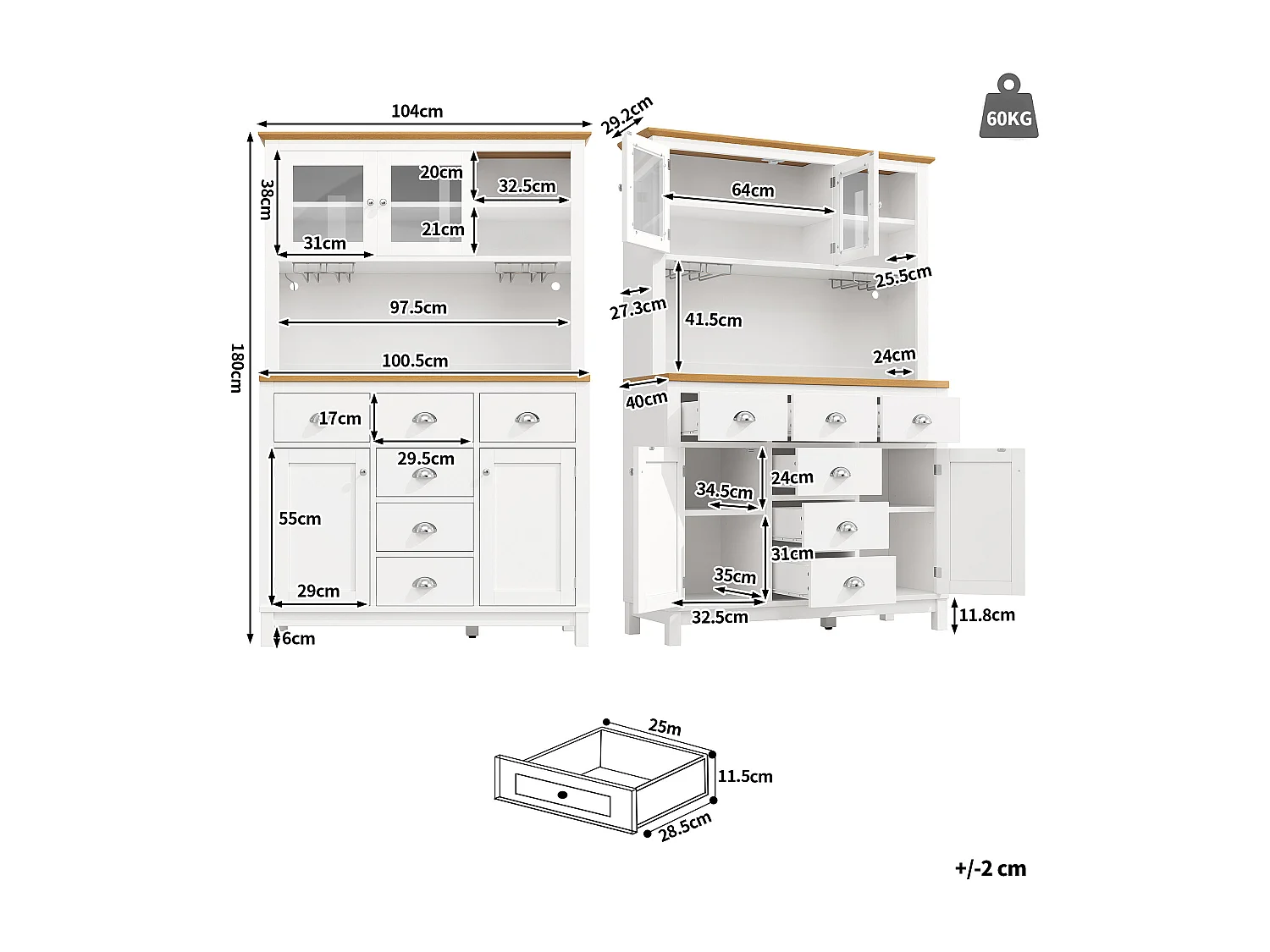 Kredens kuchenny w stylu rustykalnym - 104 x 40 x 180 cm - z drzwiami, diodami LED, półkami i szufladami - płyta MDF - biały