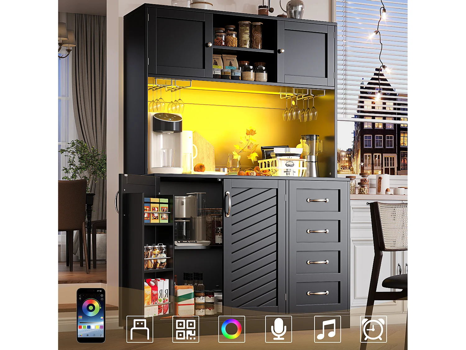 Kredens kuchenny - 120 x 40 x 188 cm - 4 drzwi + oświetlenie LED + uchwyty na kubki + szuflady + półka na przekąski - płyta MDF - czarny