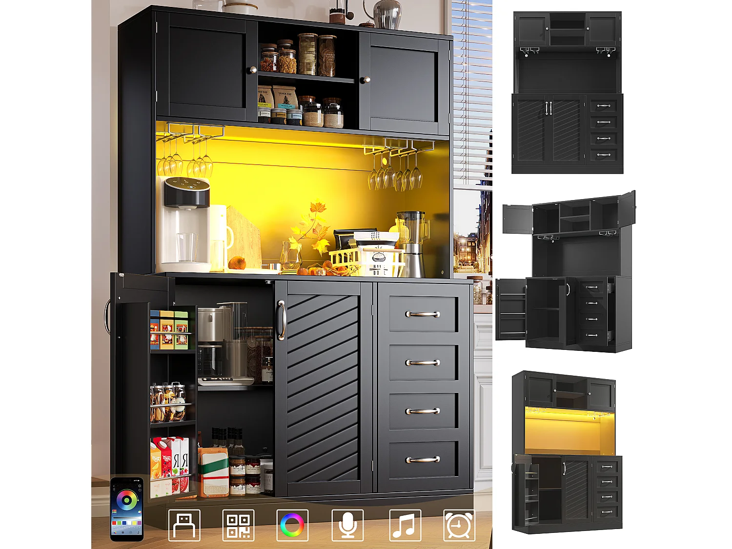 Kredens kuchenny - 120 x 40 x 188 cm - 4 drzwi + oświetlenie LED + uchwyty na kubki + szuflady + półka na przekąski - płyta MDF - czarny