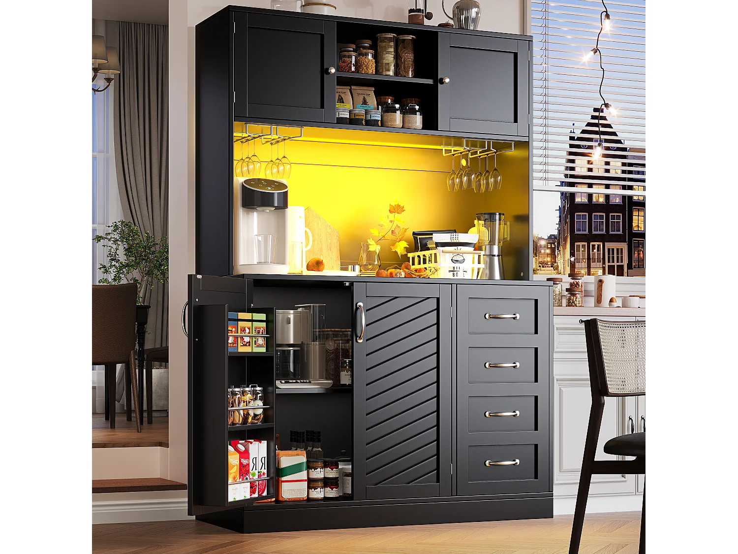 Kredens kuchenny - 120 x 40 x 188 cm - 4 drzwi + oświetlenie LED + uchwyty na kubki + szuflady + półka na przekąski - płyta MDF - czarny