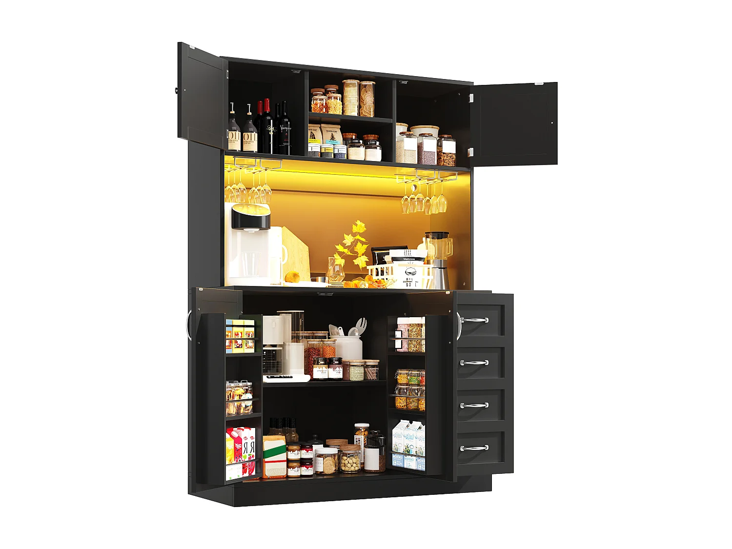 Kredens kuchenny - 120 x 40 x 188 cm - 4 drzwi + oświetlenie LED + uchwyty na kubki + szuflady + półka na przekąski - płyta MDF - czarny