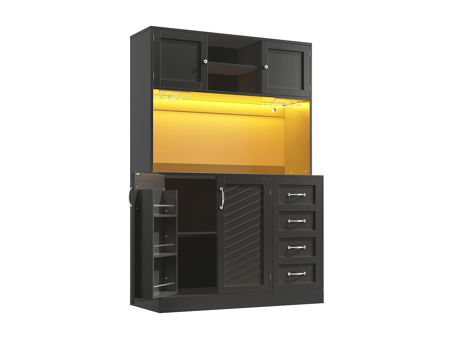Kredens kuchenny - 120 x 40 x 188 cm - 4 drzwi + oświetlenie LED + uchwyty na kubki + szuflady + półka na przekąski - płyta MDF - czarny