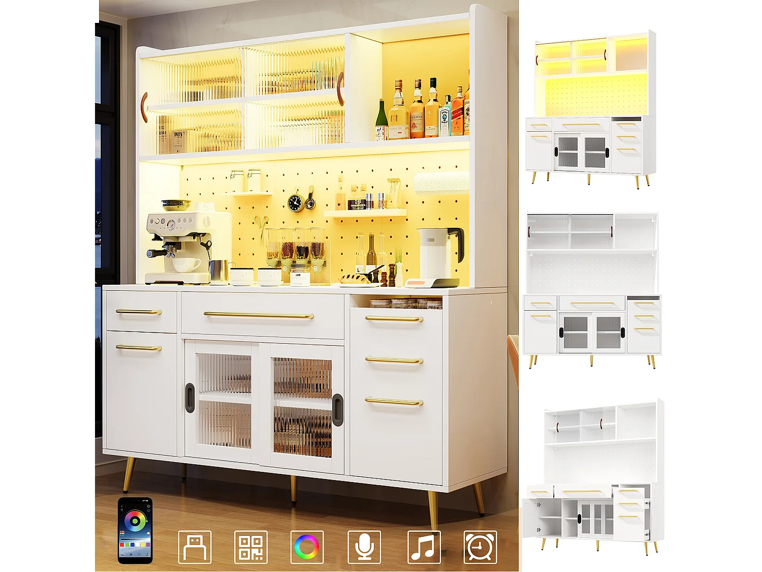Aparador de cocina moderno - 145 x 39 x 171 cm - con puertas + LED + cajones + estante de cristal - MDF + cristal - blanco