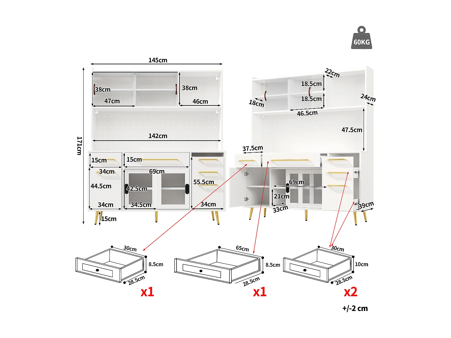 Aparador de cocina moderno - 145 x 39 x 171 cm - con puertas + LED + cajones + estante de cristal - MDF + cristal - blanco