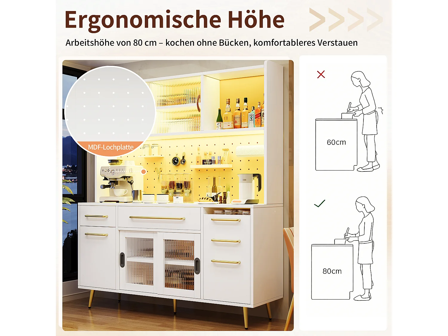 Aparador de cocina moderno - 145 x 39 x 171 cm - con puertas + LED + cajones + estante de cristal - MDF + cristal - blanco