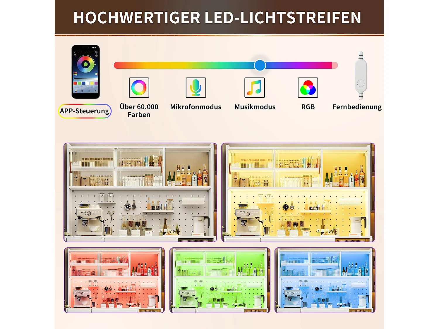 Aparador de cocina moderno - 145 x 39 x 171 cm - con puertas + LED + cajones + estante de cristal - MDF + cristal - blanco