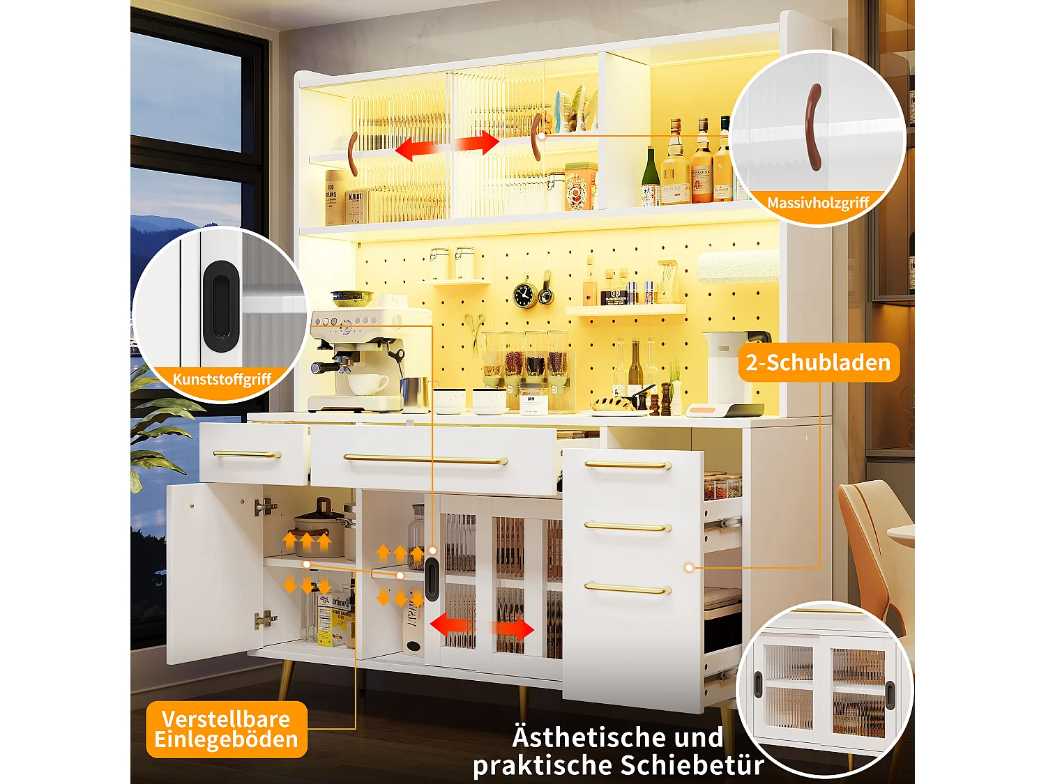 Aparador de cocina moderno - 145 x 39 x 171 cm - con puertas + LED + cajones + estante de cristal - MDF + cristal - blanco