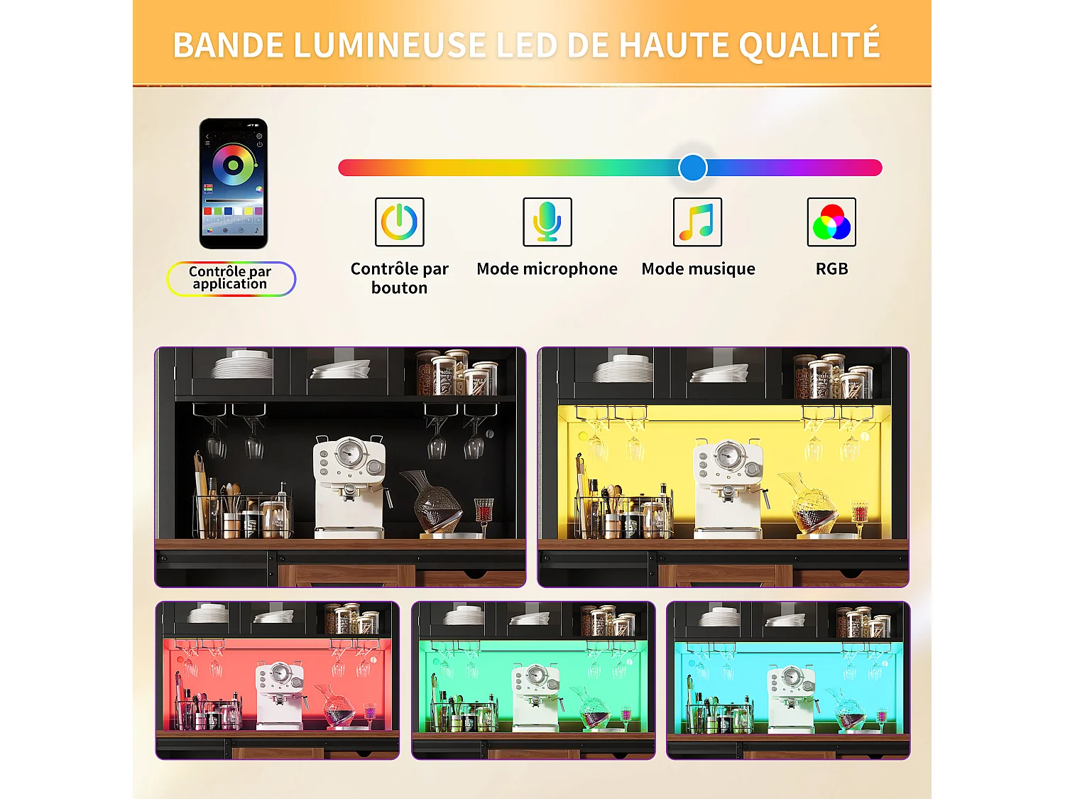 Buffet heut de cuisine moderne - 104 x 40 x 180 cm - avec porte coulissante + Leds + 3 tiroirs - MDF + verre + métal - noir