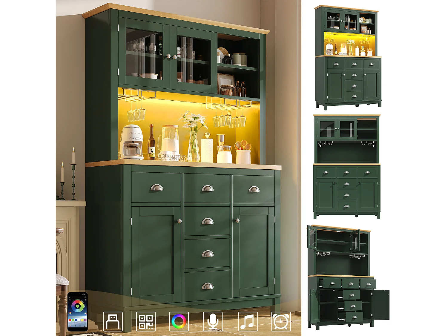 Kredens kuchenny w stylu rustykalnym - 104 x 40 x 180 cm - z drzwiami, diodami LED, półkami i szufladami - MDF - zielony