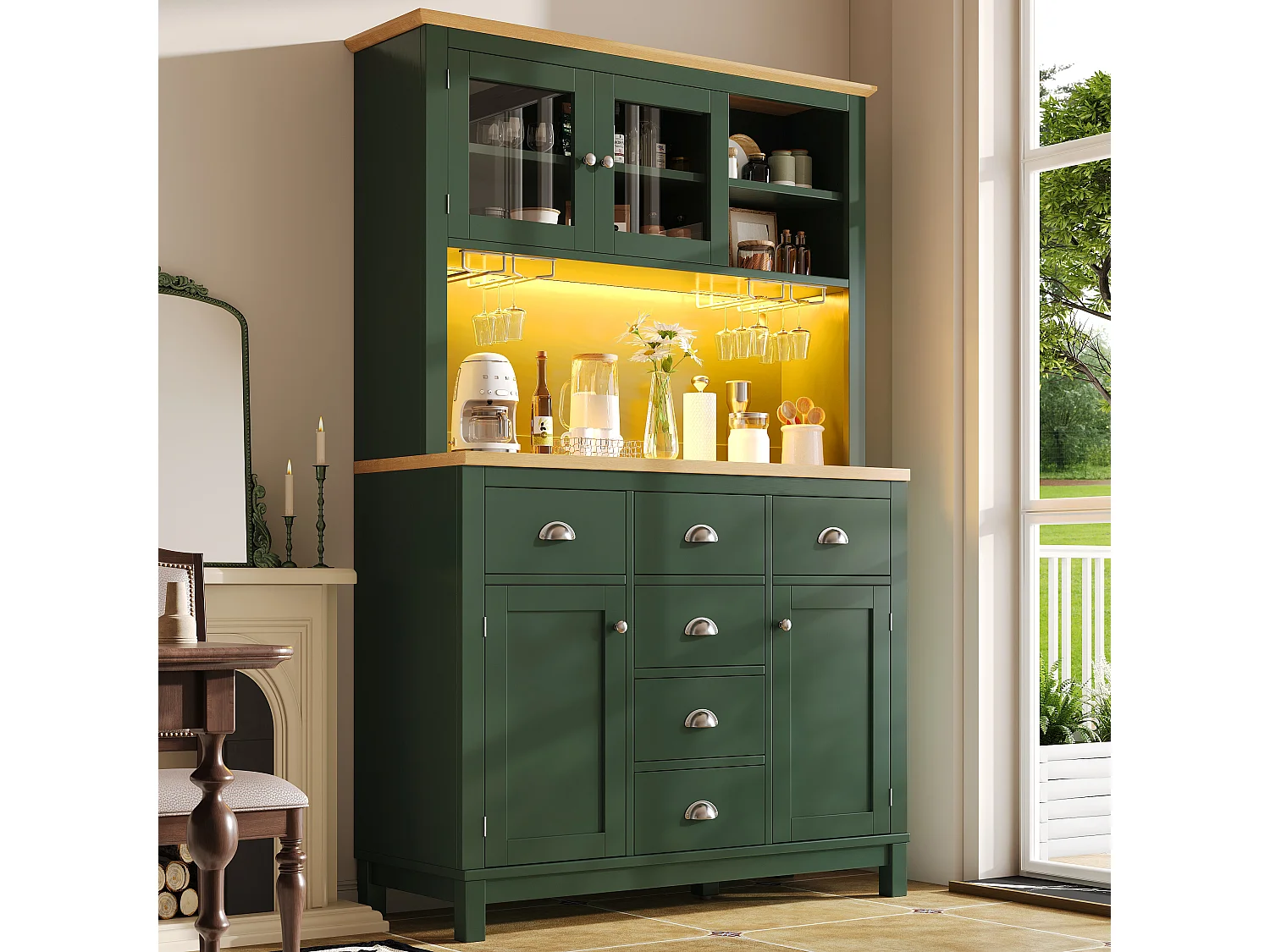 Kredens kuchenny w stylu rustykalnym - 104 x 40 x 180 cm - z drzwiami, diodami LED, półkami i szufladami - MDF - zielony