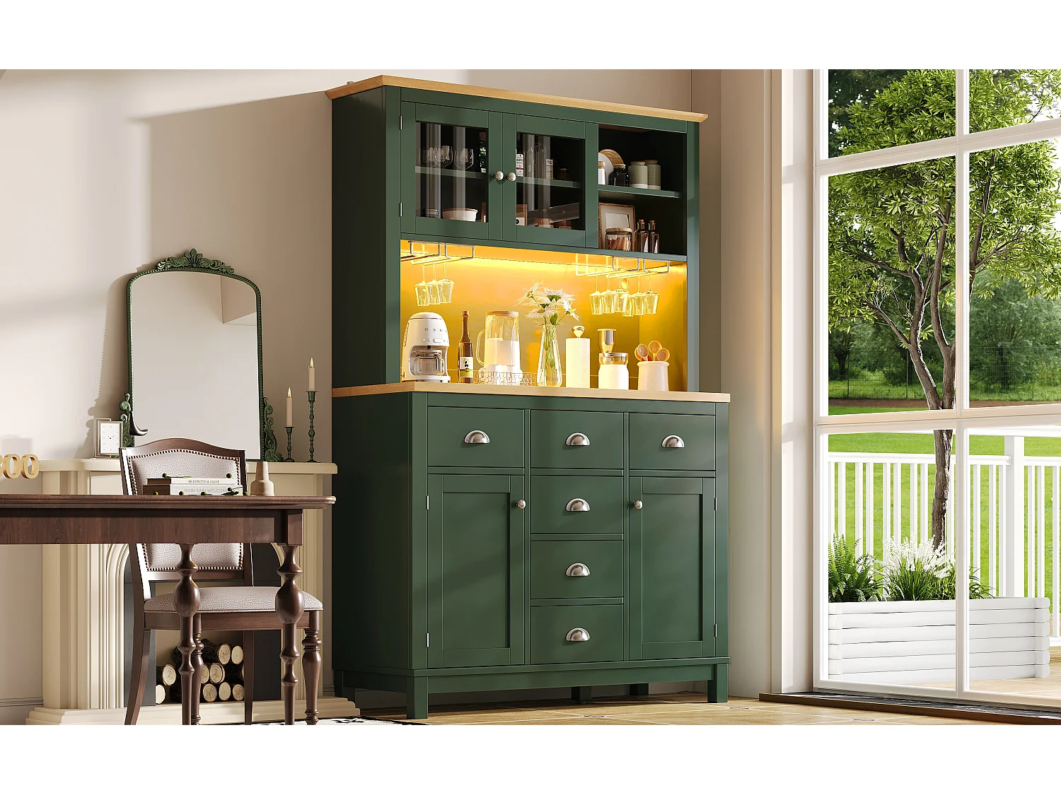 Kredens kuchenny w stylu rustykalnym - 104 x 40 x 180 cm - z drzwiami, diodami LED, półkami i szufladami - MDF - zielony