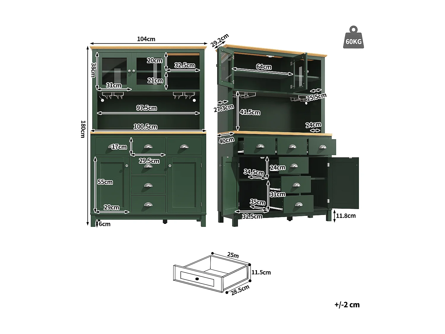 Kredens kuchenny w stylu rustykalnym - 104 x 40 x 180 cm - z drzwiami, diodami LED, półkami i szufladami - MDF - zielony