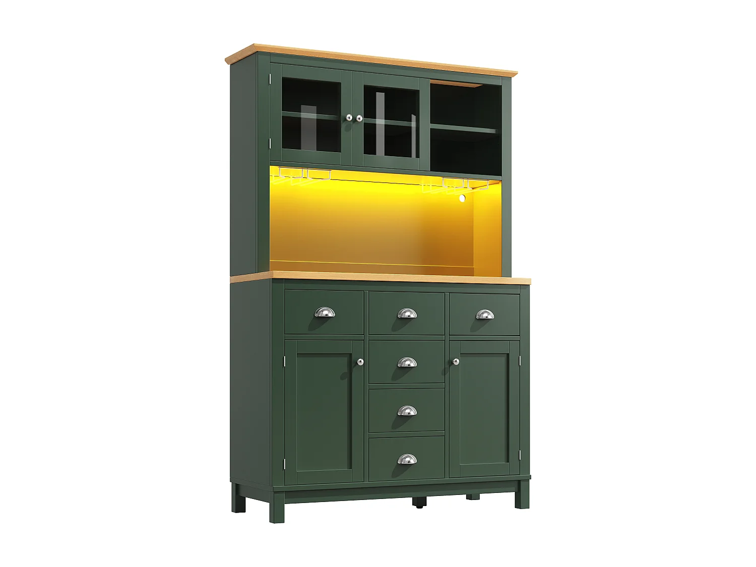 Kredens kuchenny w stylu rustykalnym - 104 x 40 x 180 cm - z drzwiami, diodami LED, półkami i szufladami - MDF - zielony