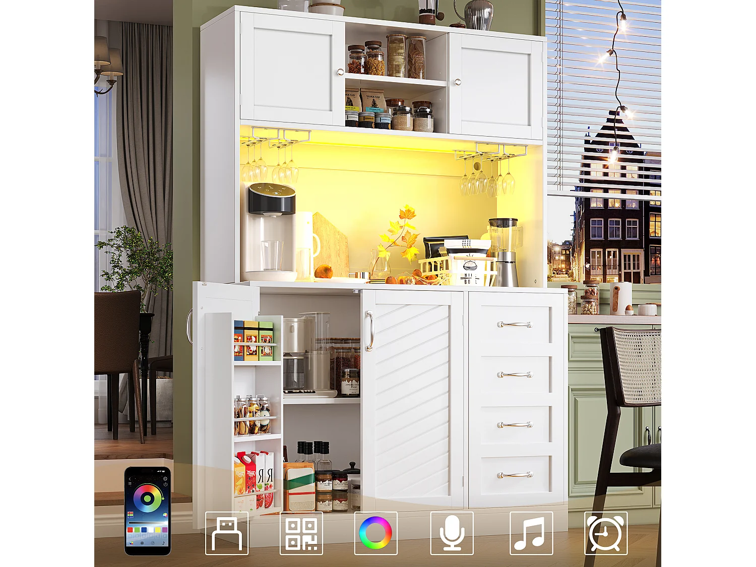 Kredens kuchenny - 120 x 40 x 188 cm - 4 drzwi + oświetlenie LED + uchwyty na kubki + szuflady + półka na przekąski - płyta MDF - biały