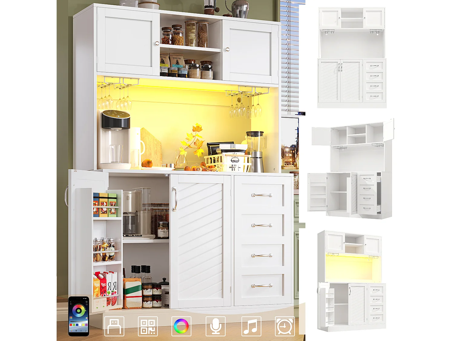 Kredens kuchenny - 120 x 40 x 188 cm - 4 drzwi + oświetlenie LED + uchwyty na kubki + szuflady + półka na przekąski - płyta MDF - biały