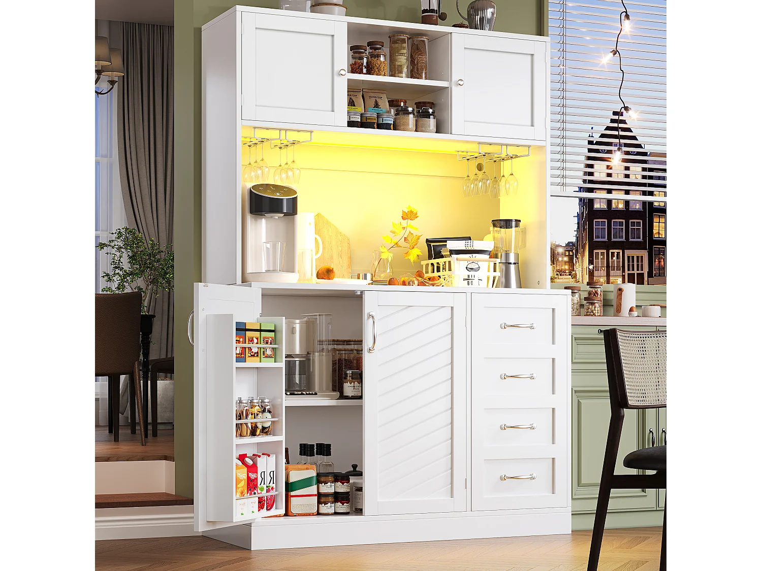 Kredens kuchenny - 120 x 40 x 188 cm - 4 drzwi + oświetlenie LED + uchwyty na kubki + szuflady + półka na przekąski - płyta MDF - biały