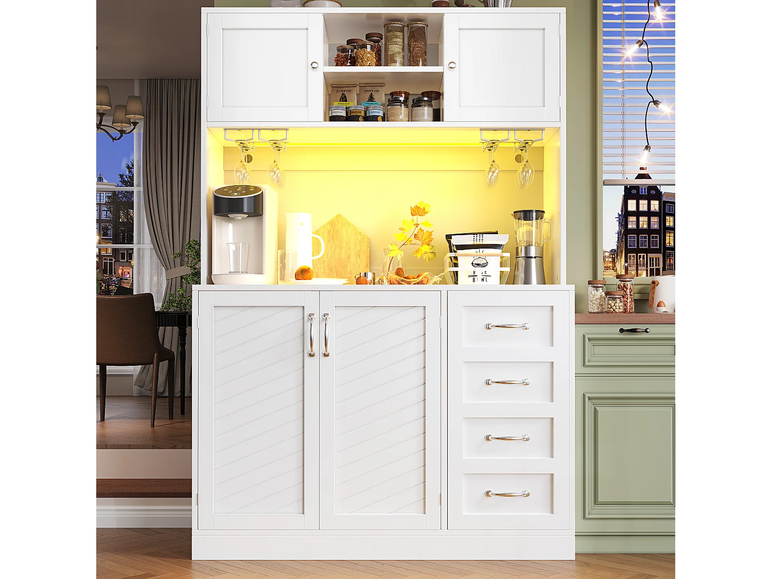 Kredens kuchenny - 120 x 40 x 188 cm - 4 drzwi + oświetlenie LED + uchwyty na kubki + szuflady + półka na przekąski - płyta MDF - biały