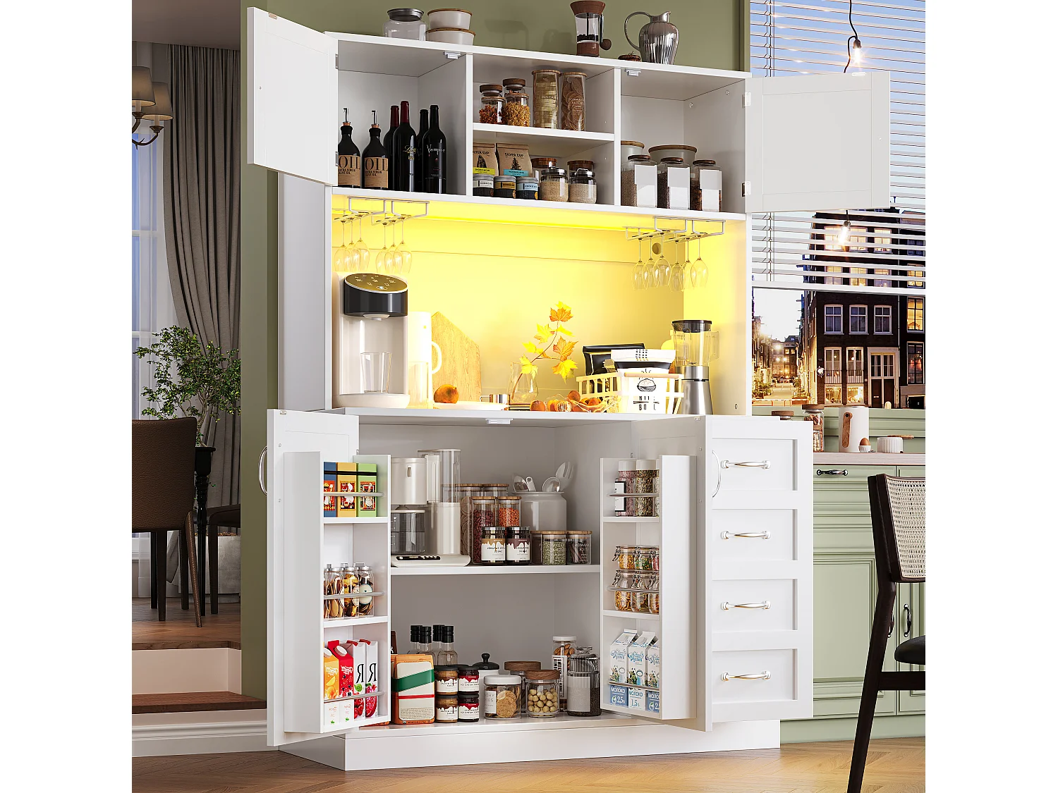 Kredens kuchenny - 120 x 40 x 188 cm - 4 drzwi + oświetlenie LED + uchwyty na kubki + szuflady + półka na przekąski - płyta MDF - biały