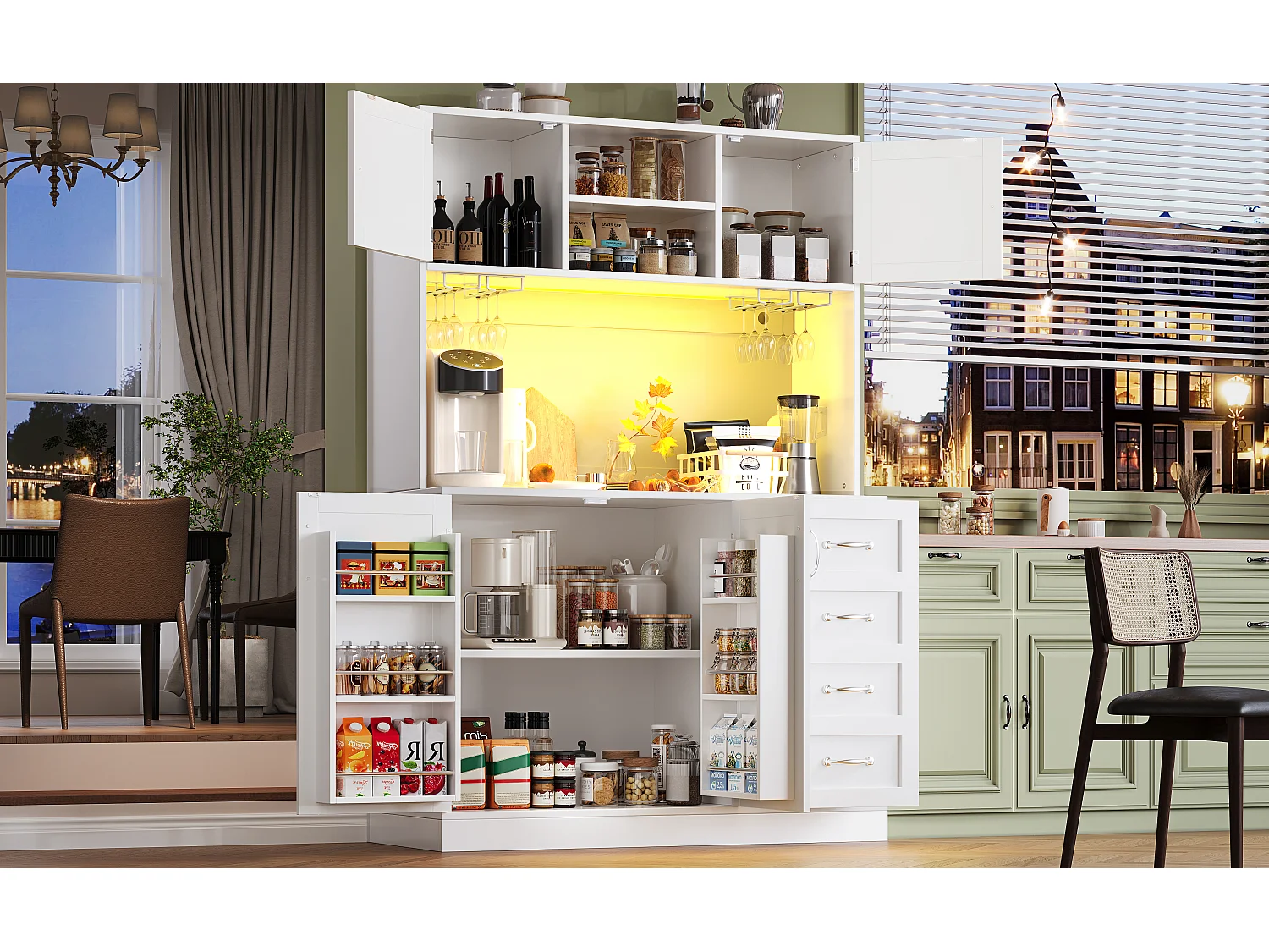 Kredens kuchenny - 120 x 40 x 188 cm - 4 drzwi + oświetlenie LED + uchwyty na kubki + szuflady + półka na przekąski - płyta MDF - biały