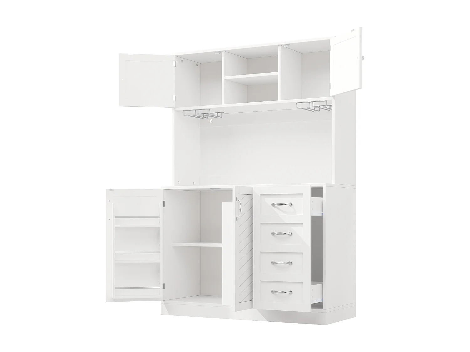 Kredens kuchenny - 120 x 40 x 188 cm - 4 drzwi + oświetlenie LED + uchwyty na kubki + szuflady + półka na przekąski - płyta MDF - biały