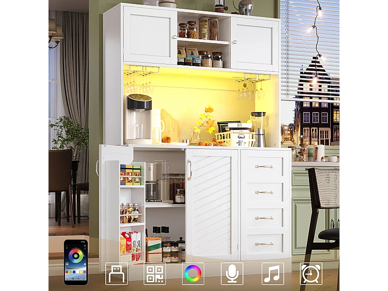 Küchen-Sideboard – 120 x 40 x 188 cm – mit 4 Türen, LED-Beleuchtung, Getränkehaltern, Schubladen und Ablage für Snacks – MDF – weiß