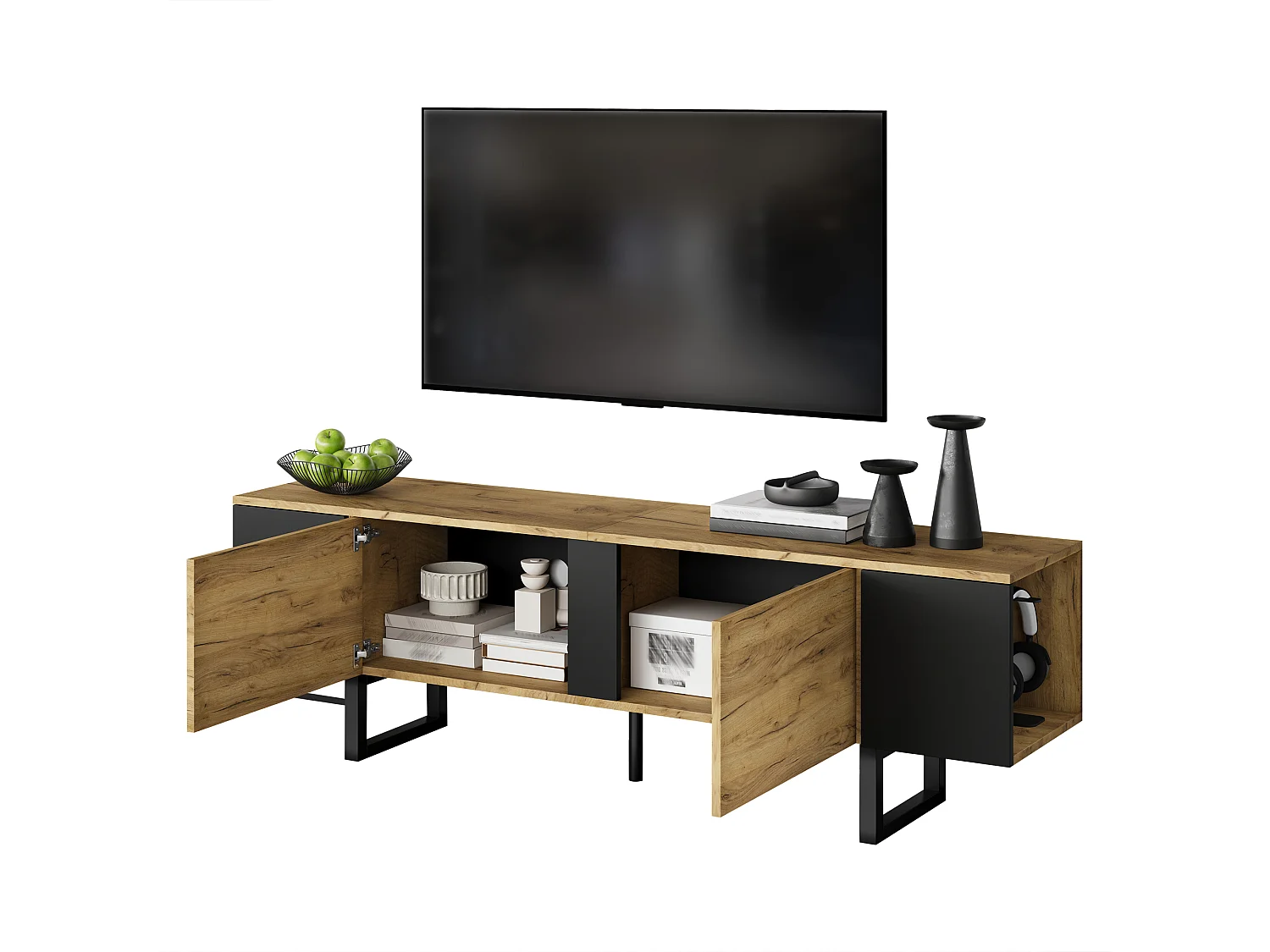 Meuble TV de salon - 180 x 40 x 55 cm - avec 2 portes + rangement ouvert - pour TV 75 pouces - aggloméré - naturel