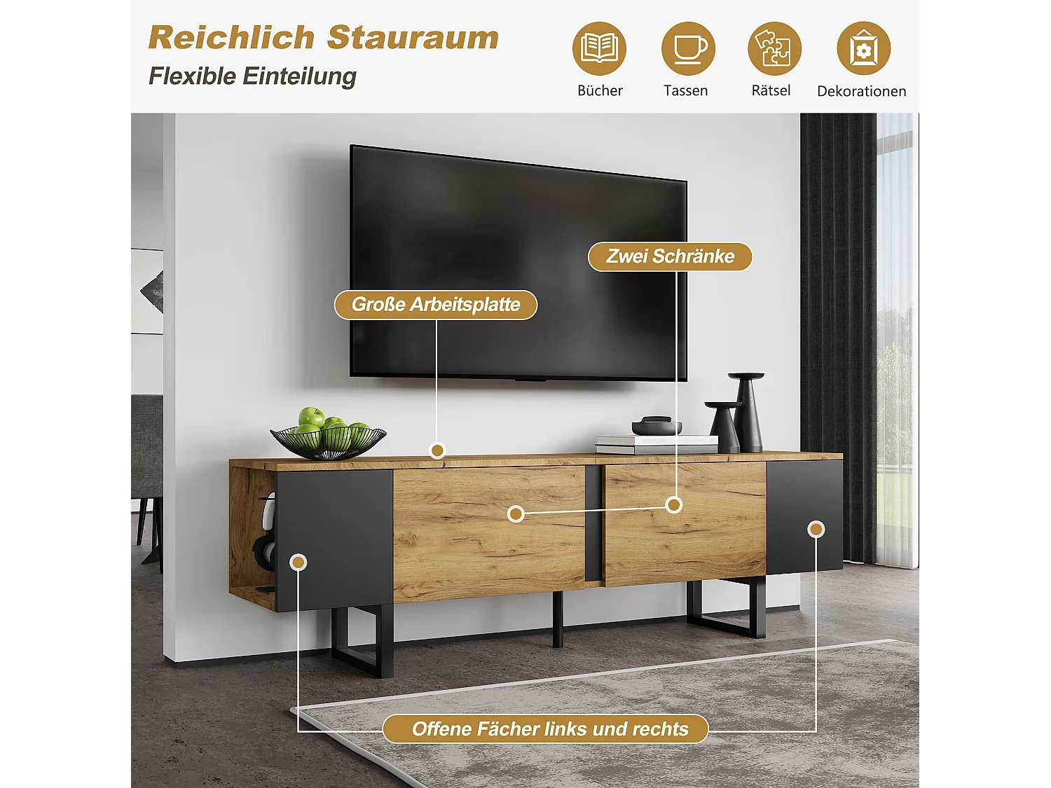 Meuble TV de salon - 180 x 40 x 55 cm - avec 2 portes + rangement ouvert - pour TV 75 pouces - aggloméré - naturel