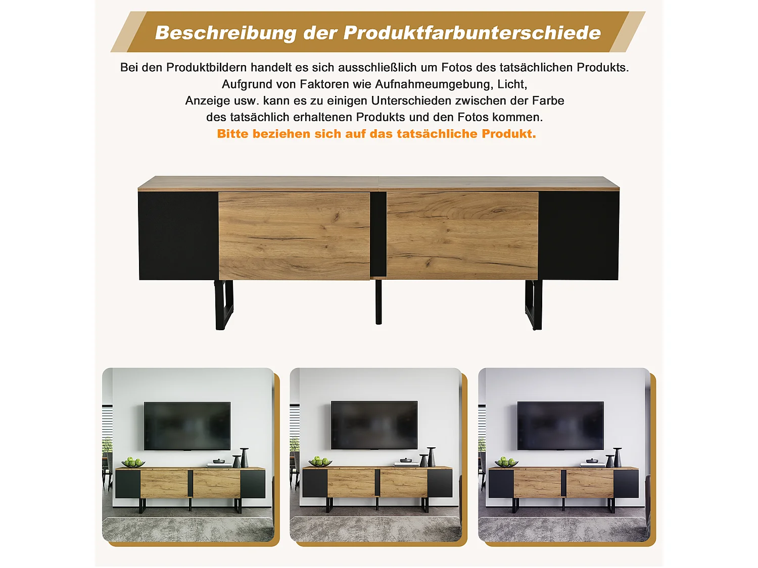 Meuble TV de salon - 180 x 40 x 55 cm - avec 2 portes + rangement ouvert - pour TV 75 pouces - aggloméré - naturel