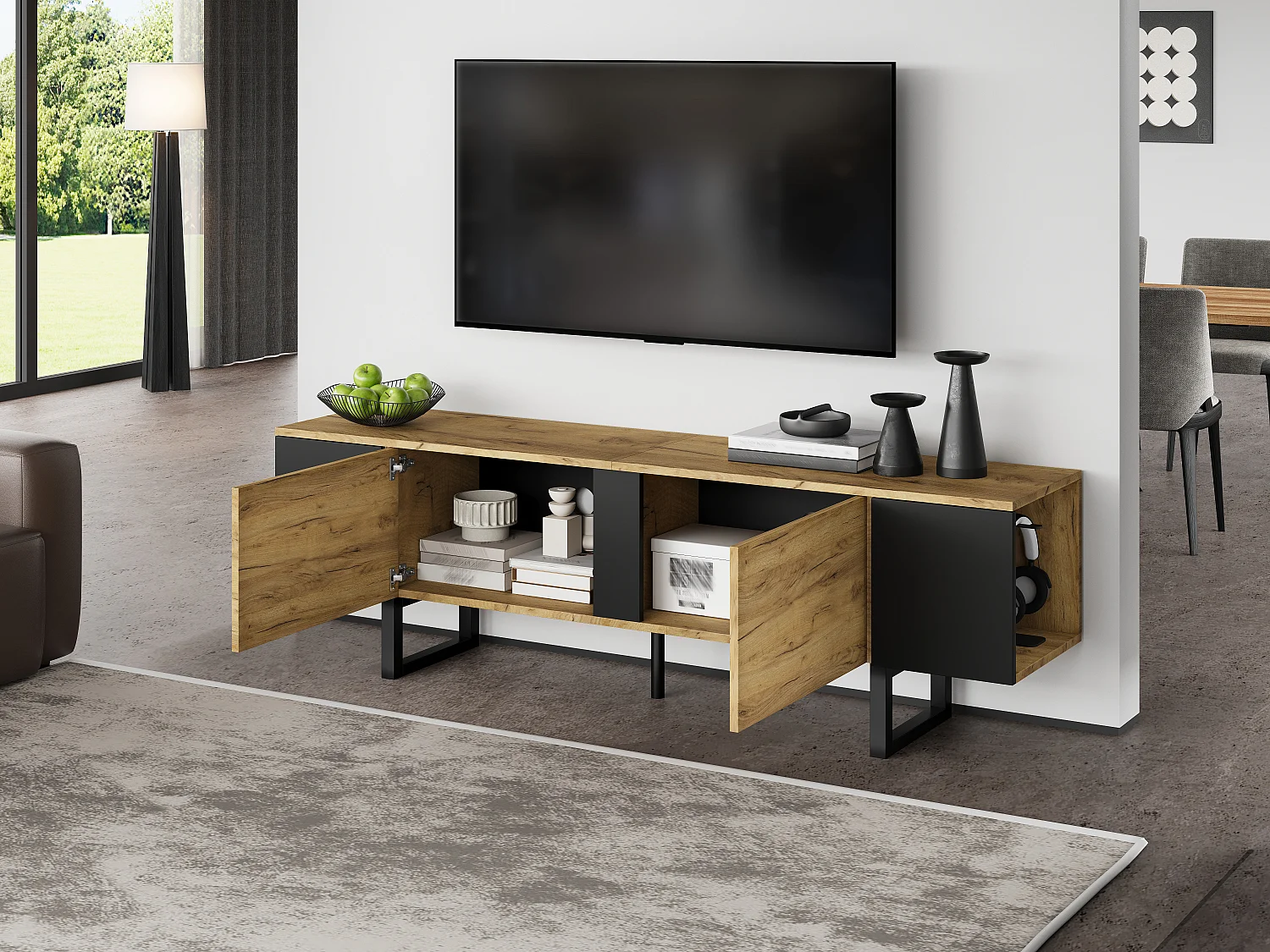 Meuble TV de salon - 180 x 40 x 55 cm - avec 2 portes + rangement ouvert - pour TV 75 pouces - aggloméré - naturel