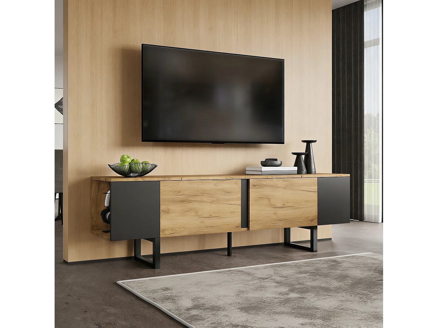 Meuble TV de salon - 180 x 40 x 55 cm - avec 2 portes + rangement ouvert - pour TV 75 pouces - aggloméré - naturel