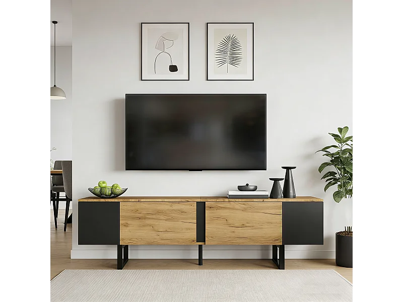 Meuble TV de salon - 180 x 40 x 55 cm - avec 2 portes + rangement ouvert - pour TV 75 pouces - aggloméré - naturel