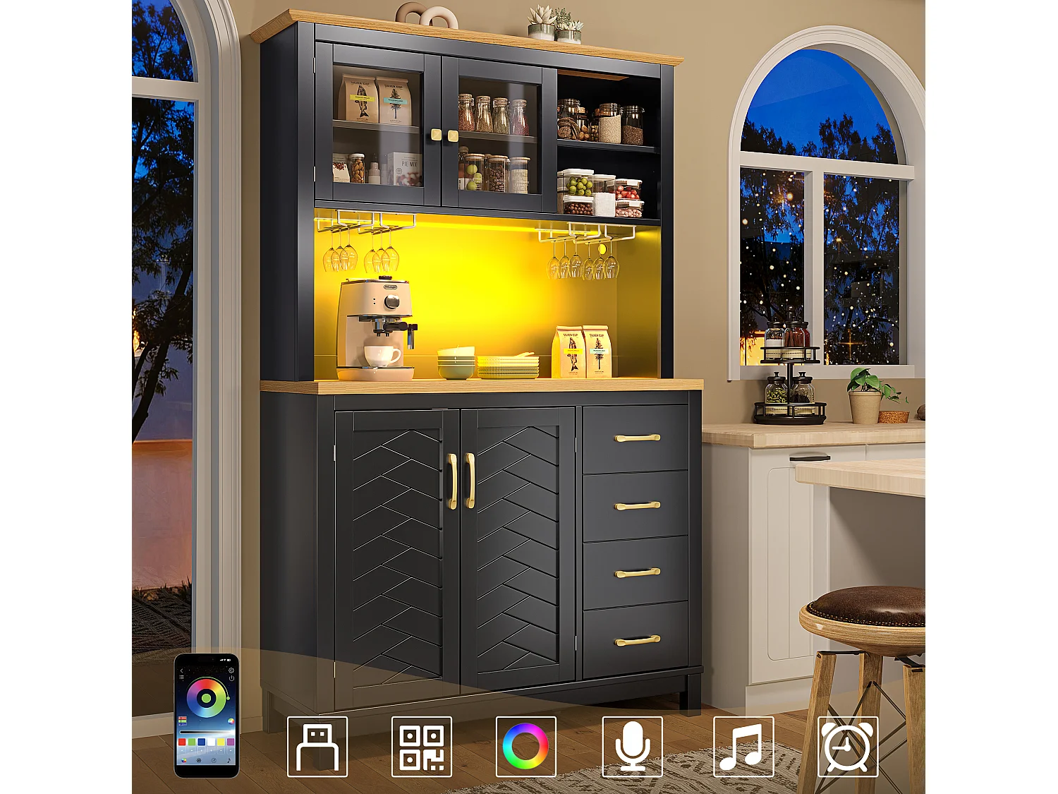 Kredens kuchenny w stylu rustykalnym - 105,5 x 40 x 180 cm - 4 drzwi + diody LED + uchwyty na kubki + szuflady - MDF - czarny