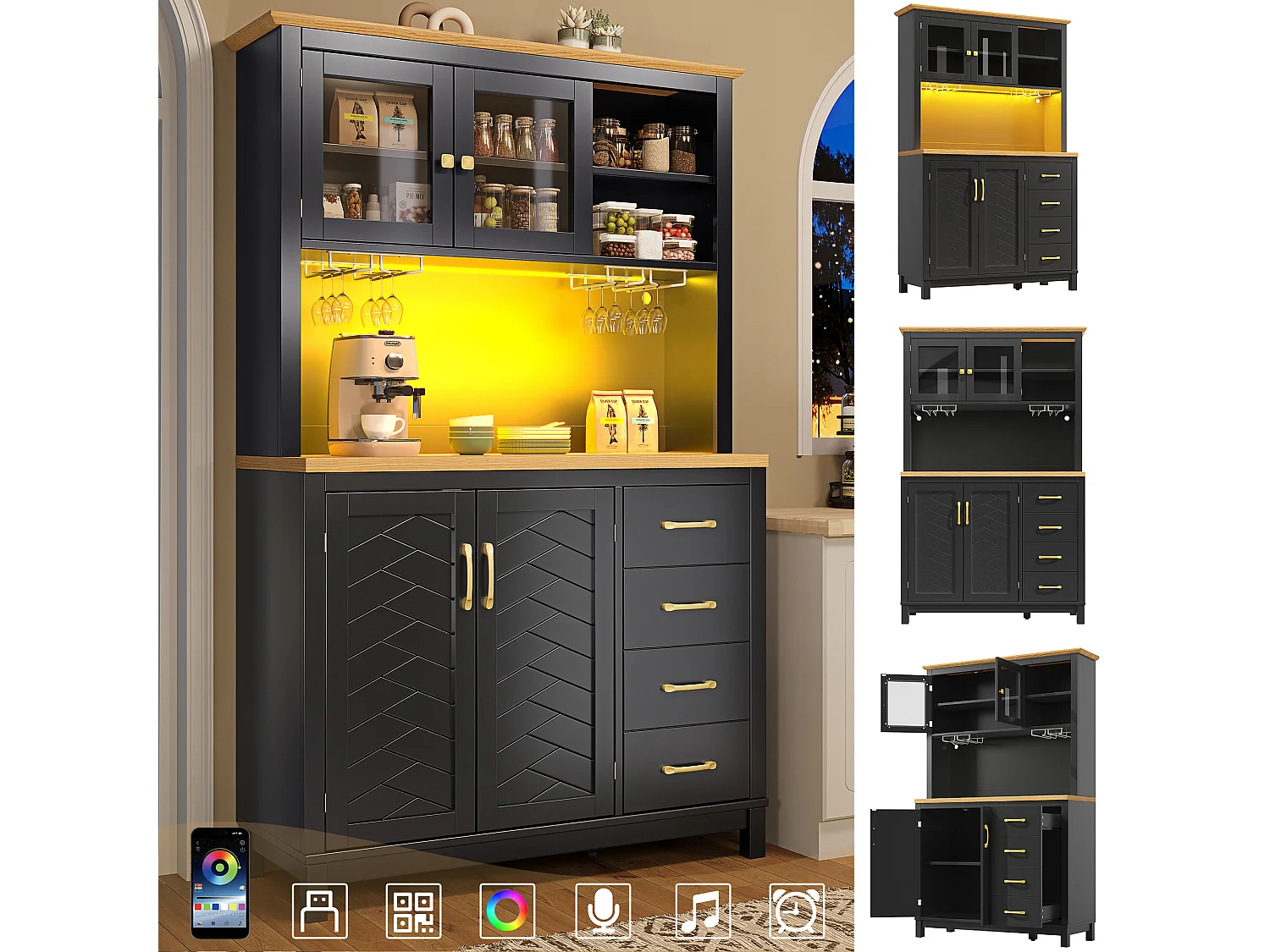 Kredens kuchenny w stylu rustykalnym - 105,5 x 40 x 180 cm - 4 drzwi + diody LED + uchwyty na kubki + szuflady - MDF - czarny