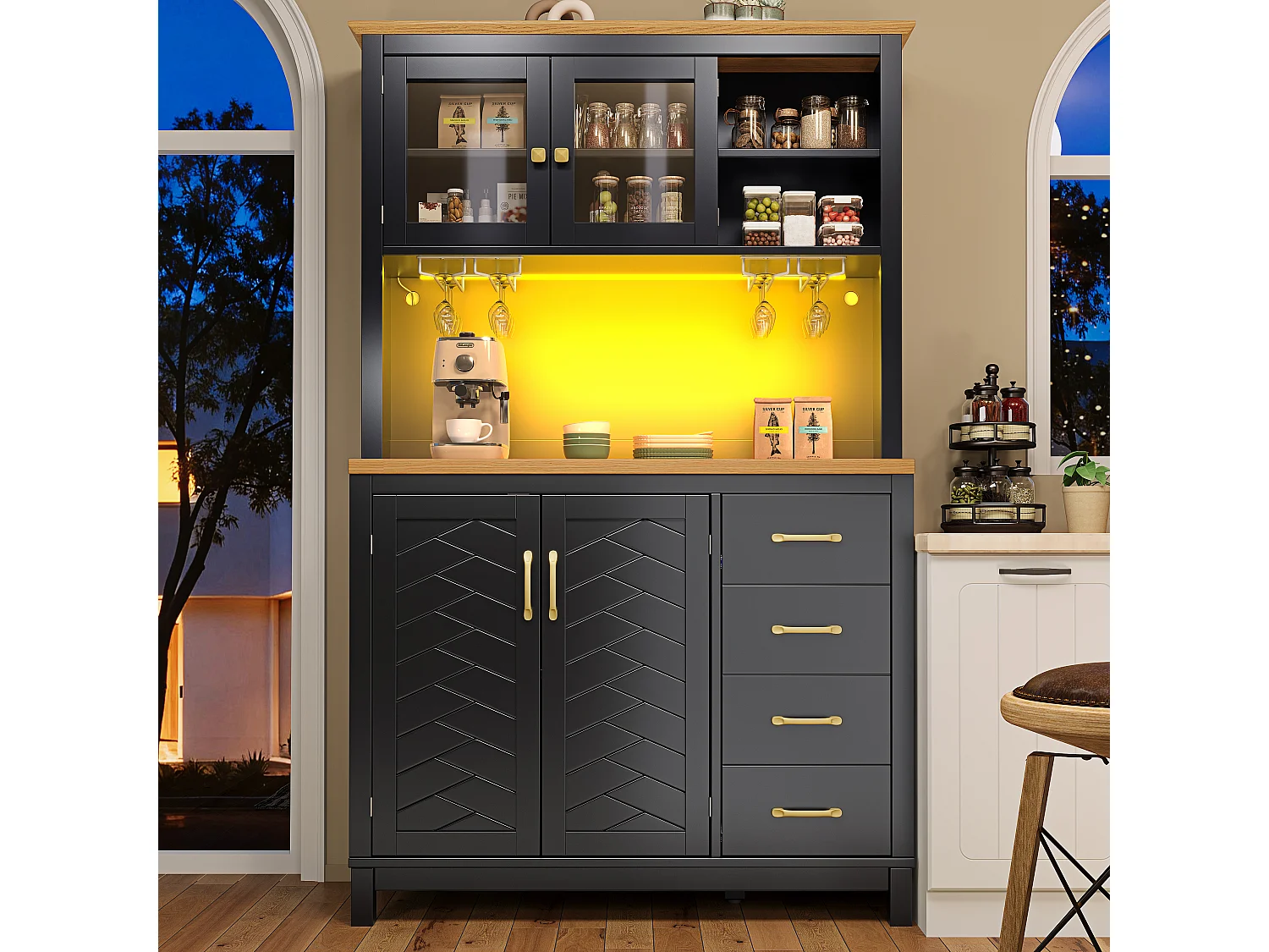 Kredens kuchenny w stylu rustykalnym - 105,5 x 40 x 180 cm - 4 drzwi + diody LED + uchwyty na kubki + szuflady - MDF - czarny