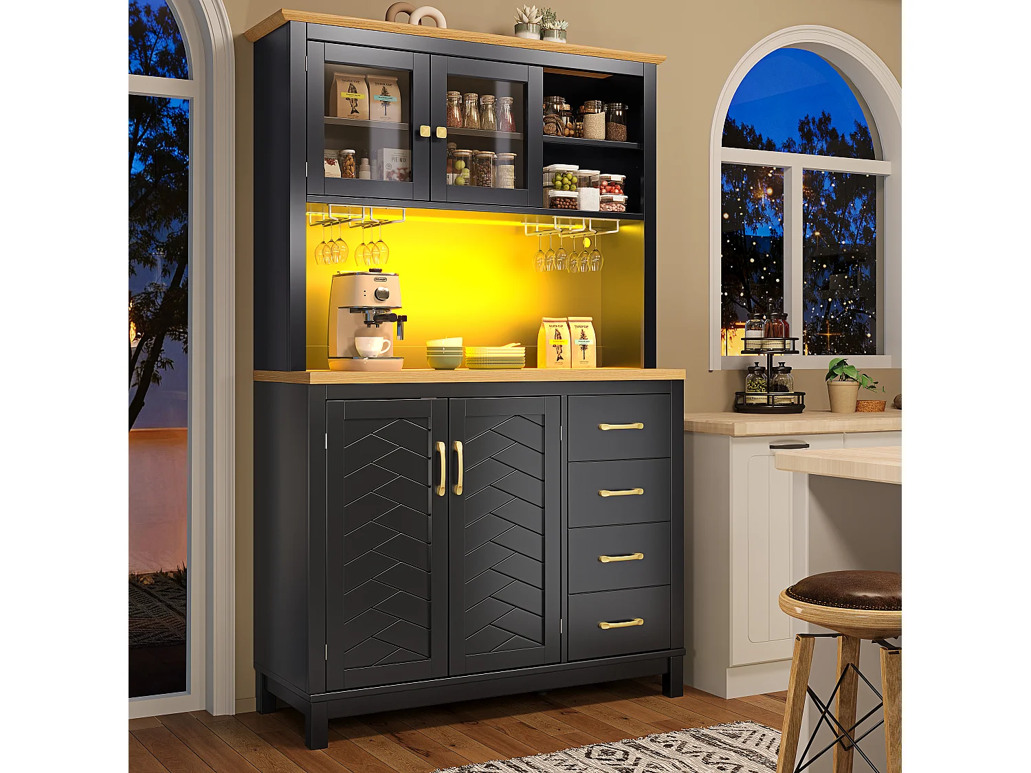 Kredens kuchenny w stylu rustykalnym - 105,5 x 40 x 180 cm - 4 drzwi + diody LED + uchwyty na kubki + szuflady - MDF - czarny