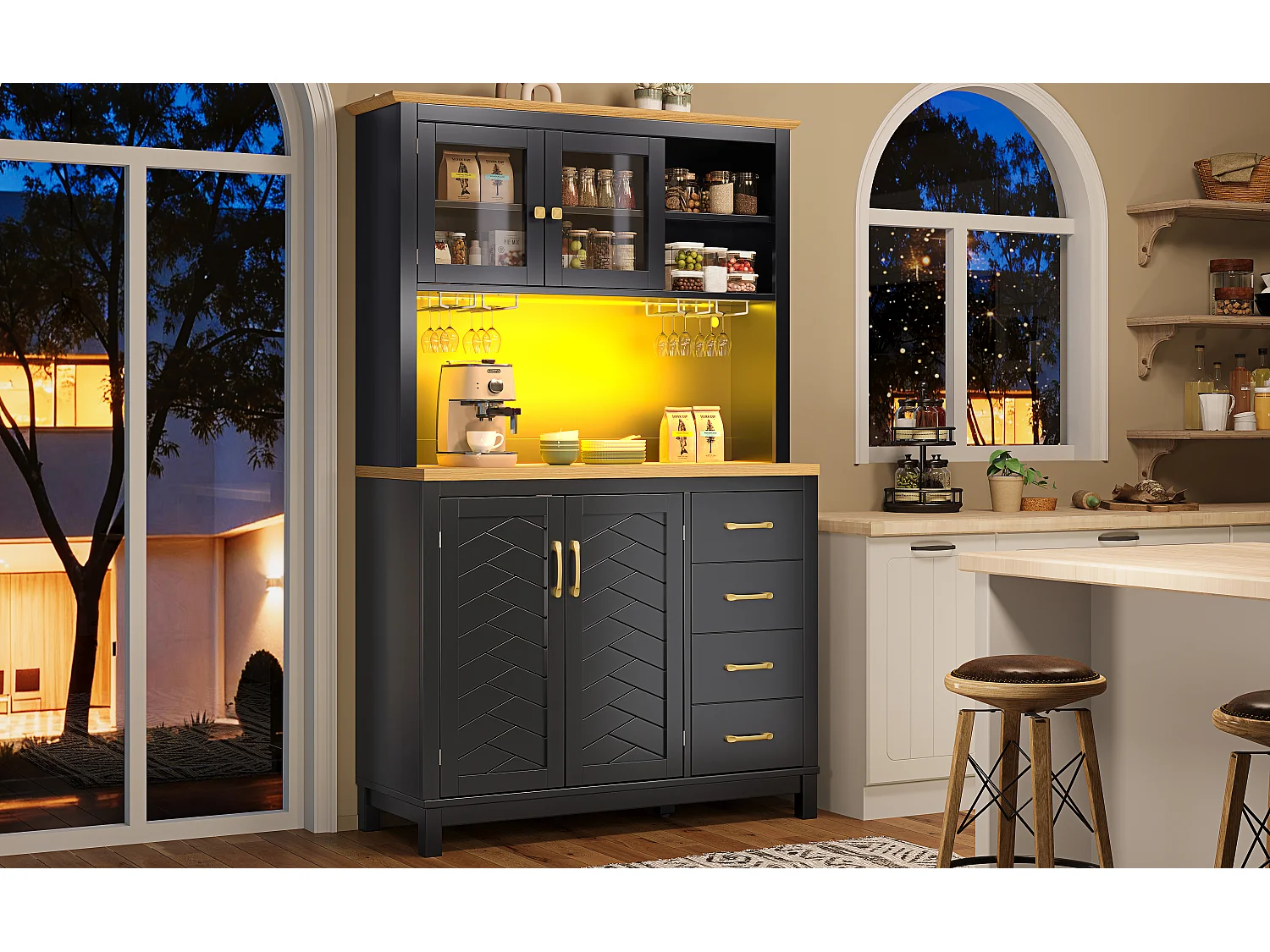 Kredens kuchenny w stylu rustykalnym - 105,5 x 40 x 180 cm - 4 drzwi + diody LED + uchwyty na kubki + szuflady - MDF - czarny