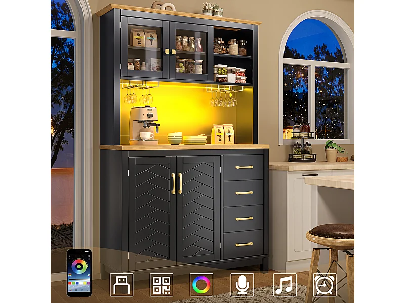 Küchen-Sideboard im Landhausstil – 105,5 x 40 x 180 cm – mit 4 Türen, LED-Beleuchtung, Getränkehaltern und Schubladen – MDF – schwarz