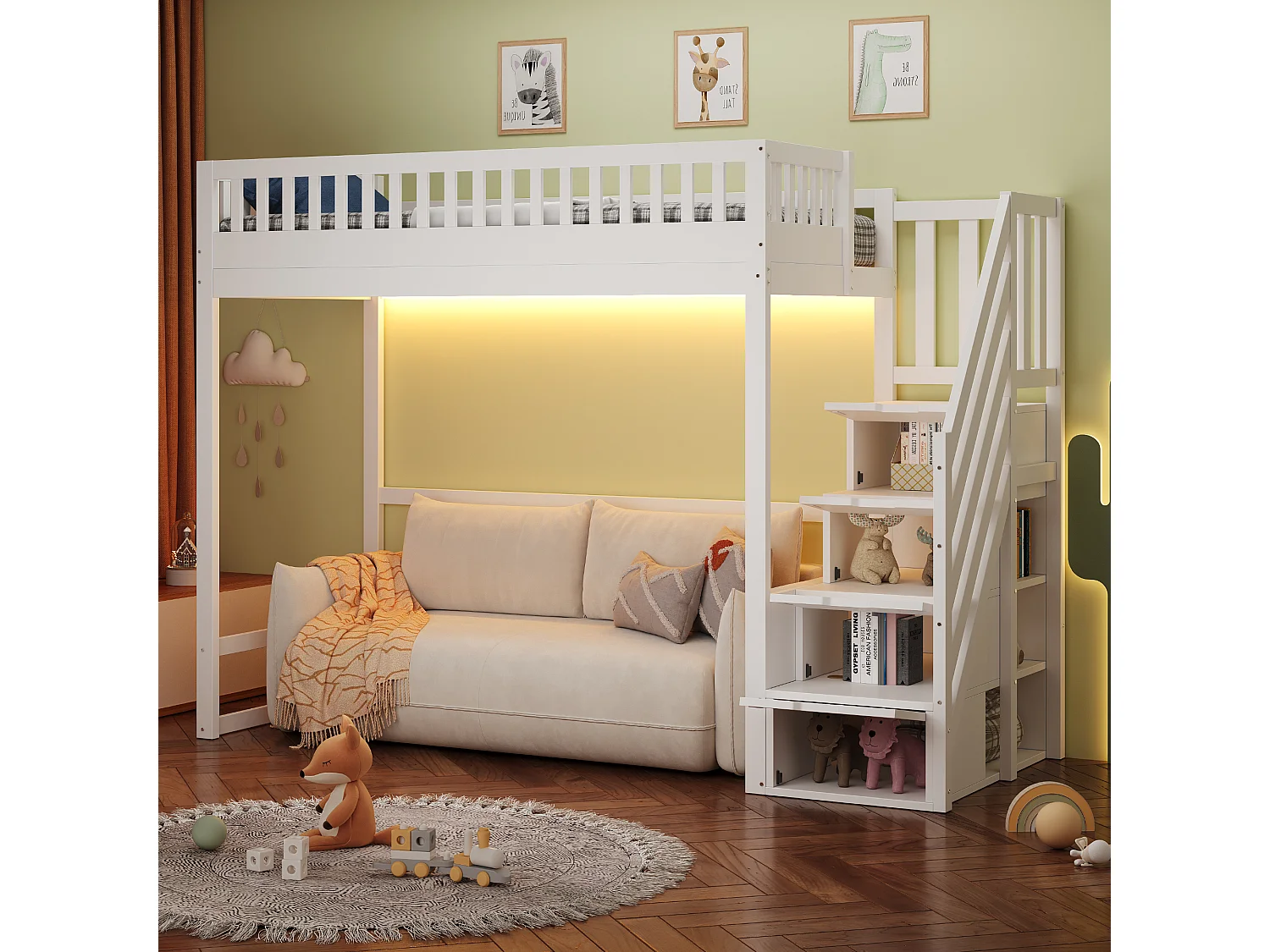 Cama alta infantil - 90 x 200 cm - con escalera de almacenaje + barandilla de seguridad + LED - madera - blanco