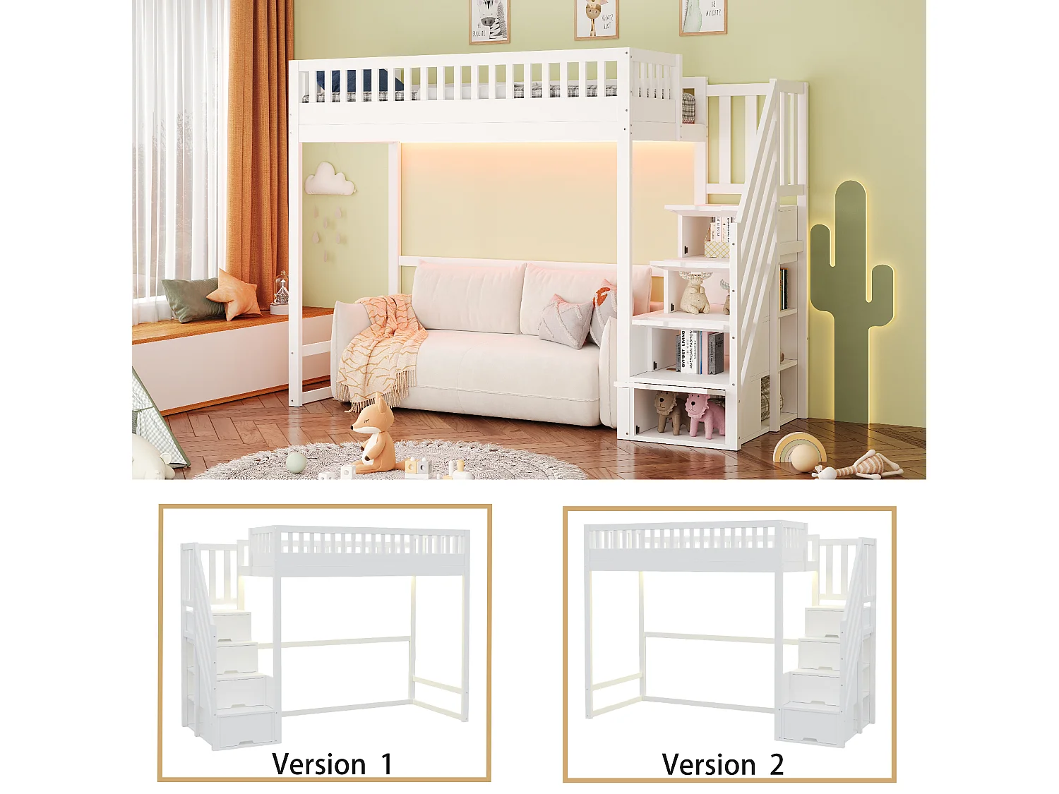 Cama alta infantil - 90 x 200 cm - con escalera de almacenaje + barandilla de seguridad + LED - madera - blanco