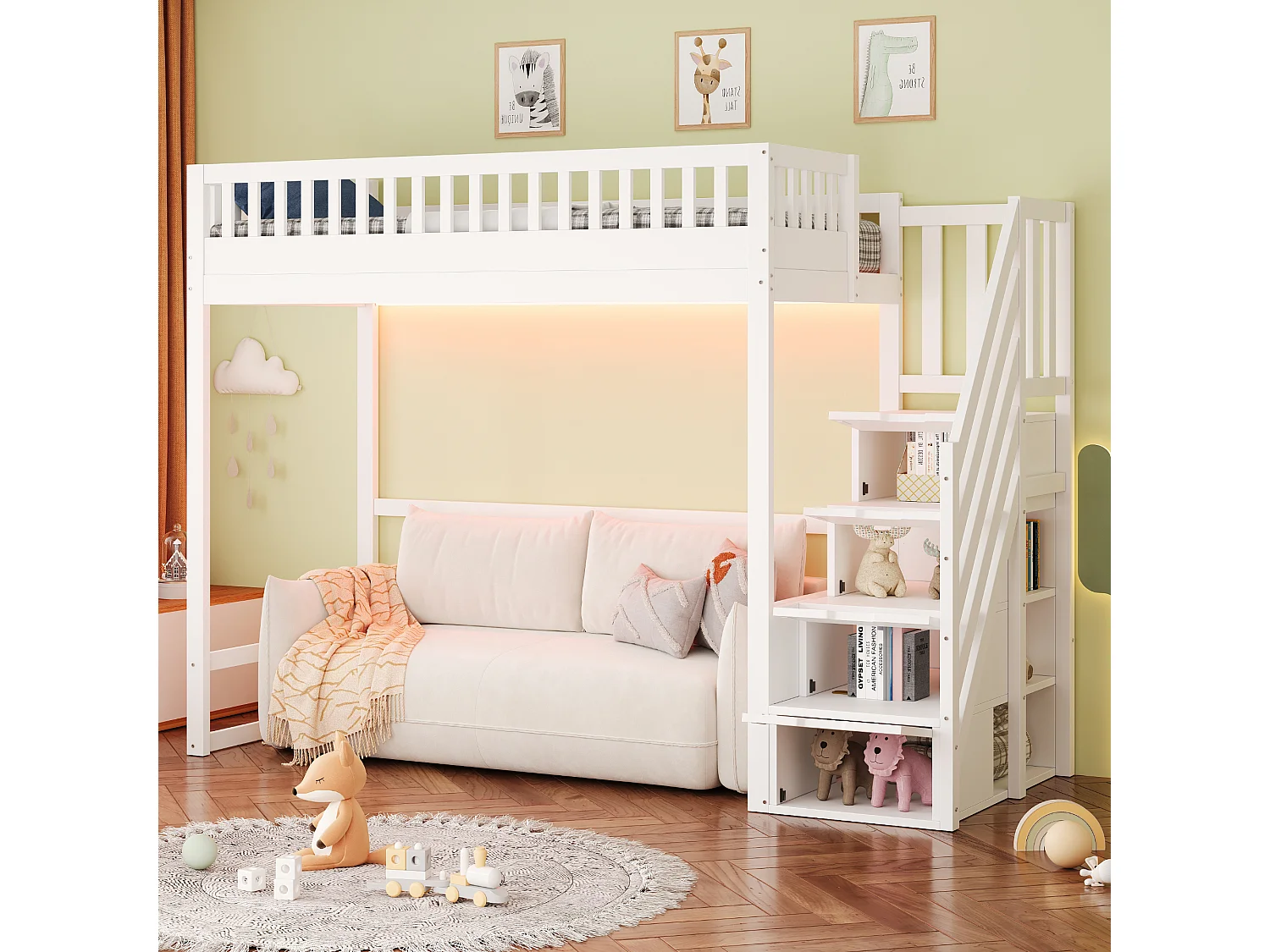 Cama alta infantil - 90 x 200 cm - con escalera de almacenaje + barandilla de seguridad + LED - madera - blanco