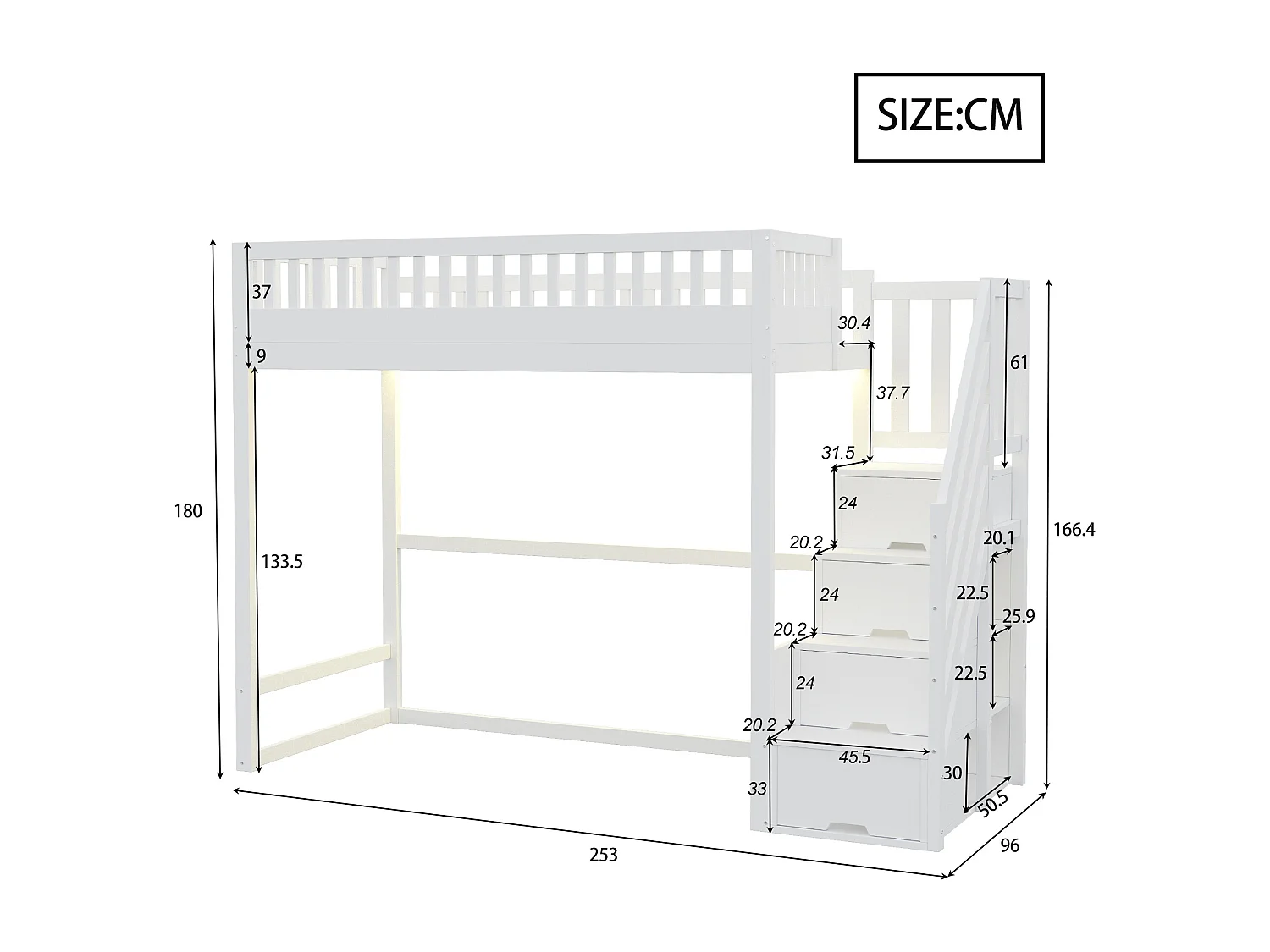 Cama alta infantil - 90 x 200 cm - con escalera de almacenaje + barandilla de seguridad + LED - madera - blanco