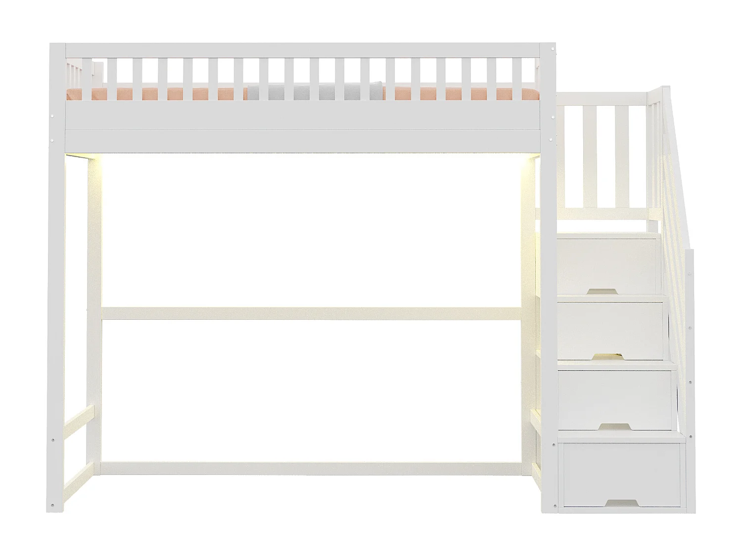 Cama alta infantil - 90 x 200 cm - con escalera de almacenaje + barandilla de seguridad + LED - madera - blanco