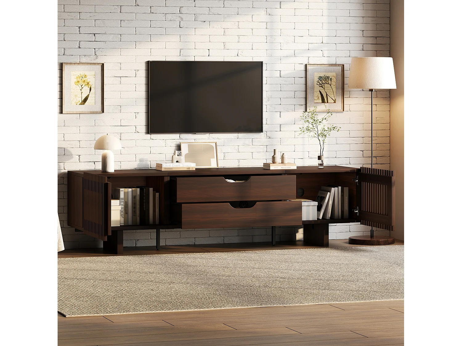 Meuble TV en noyer foncé - 180 x 40 x 45 cm - avec 2 tiroirs + 2 portes - pour TV 75 pouces - MDF