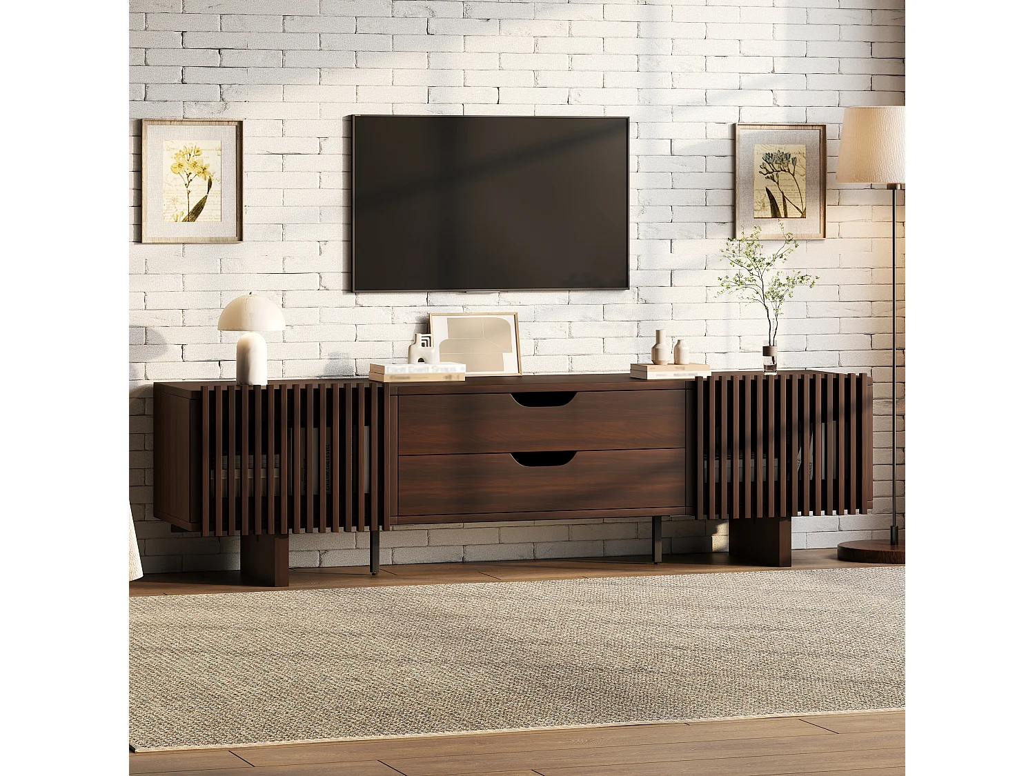 Meuble TV en noyer foncé - 180 x 40 x 45 cm - avec 2 tiroirs + 2 portes - pour TV 75 pouces - MDF