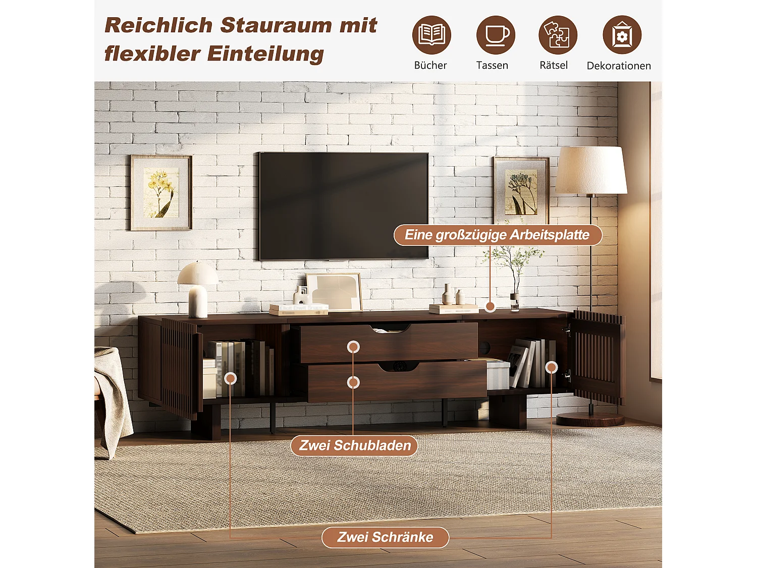 Meuble TV en noyer foncé - 180 x 40 x 45 cm - avec 2 tiroirs + 2 portes - pour TV 75 pouces - MDF