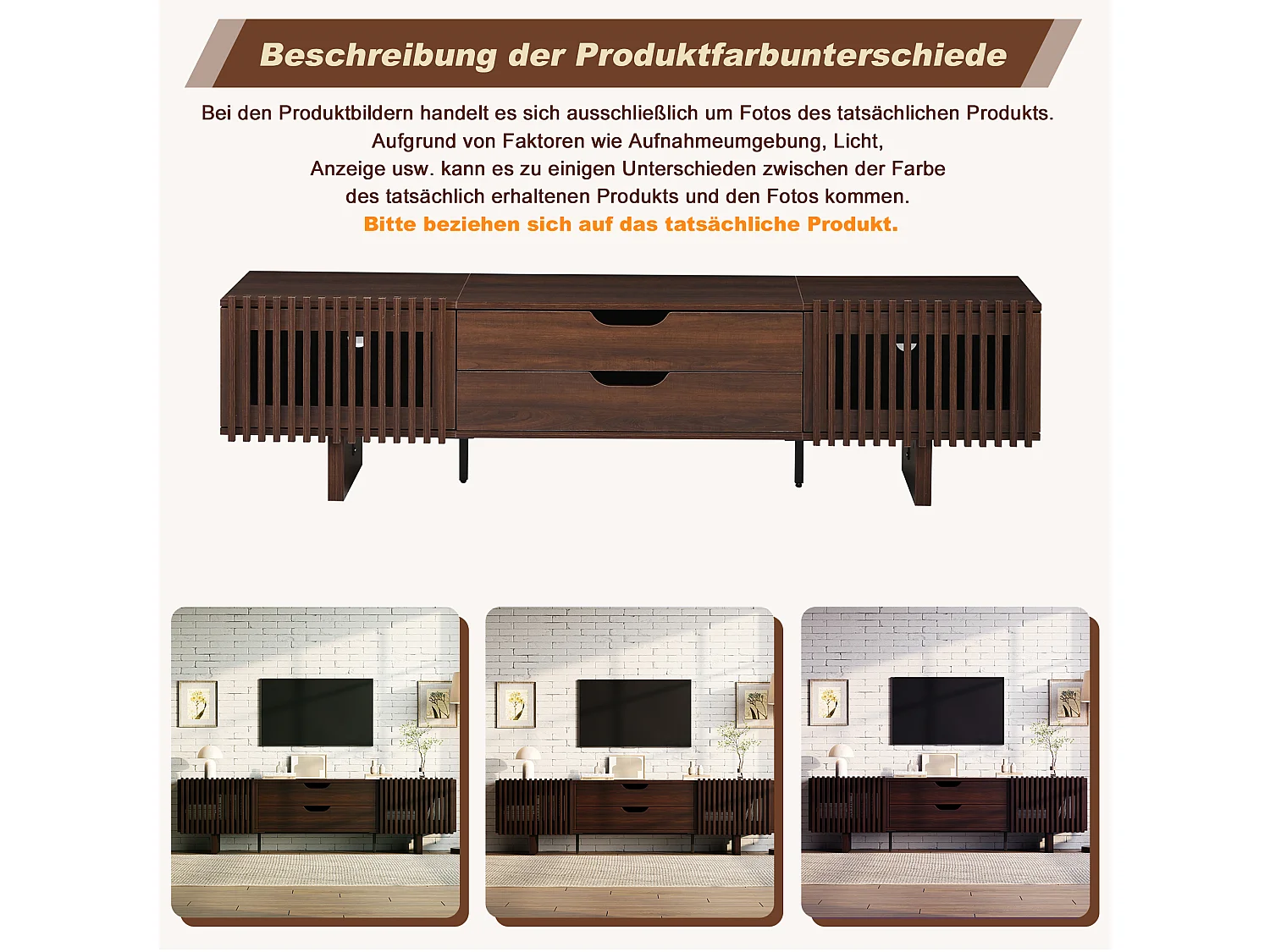 Meuble TV en noyer foncé - 180 x 40 x 45 cm - avec 2 tiroirs + 2 portes - pour TV 75 pouces - MDF