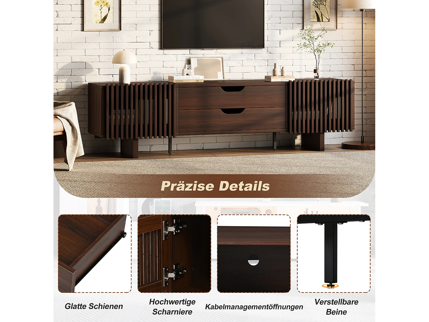 Meuble TV en noyer foncé - 180 x 40 x 45 cm - avec 2 tiroirs + 2 portes - pour TV 75 pouces - MDF