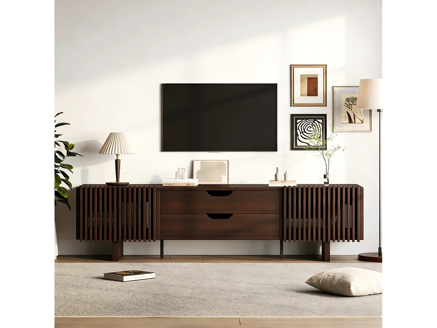 Meuble TV en noyer foncé - 180 x 40 x 45 cm - avec 2 tiroirs + 2 portes - pour TV 75 pouces - MDF